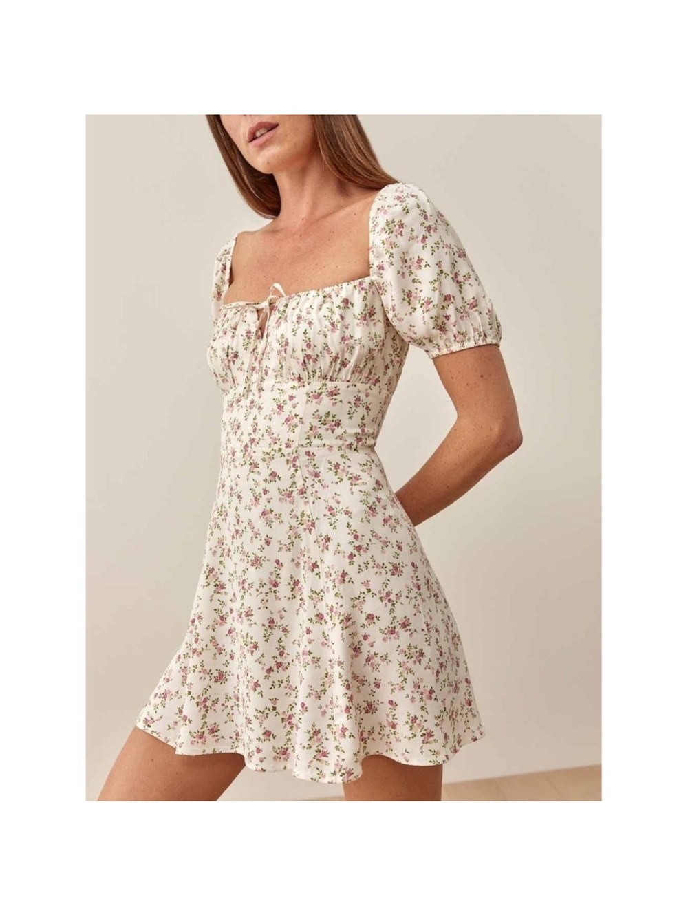 Reformation Corbin Milkmaid Puff Sleeve Floral Dress Cream Pink Size 6 Coquette - Picture 1 of 7